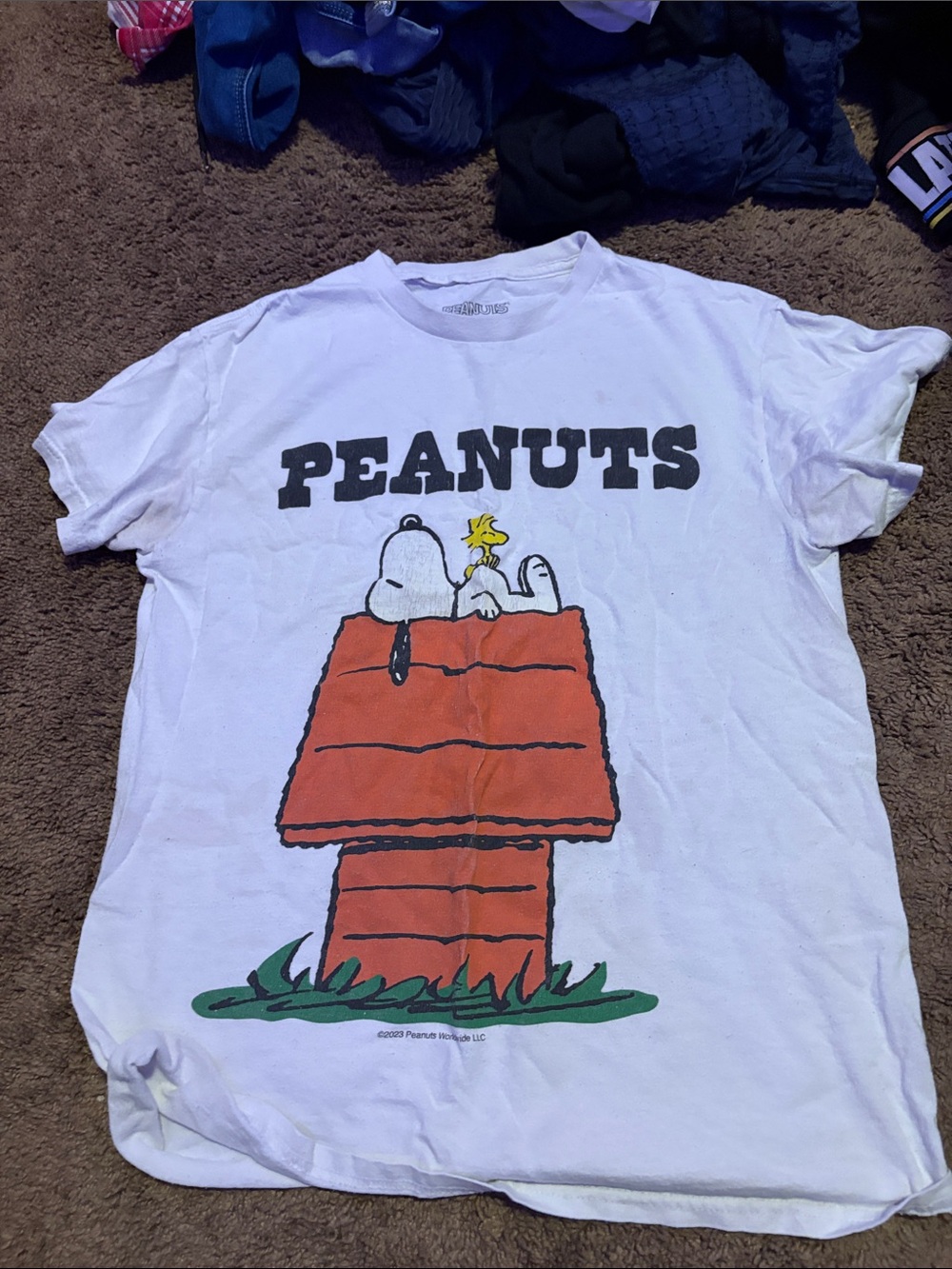 Peanuts White Tee with Snoopy & Woodstock on Red Doghouse